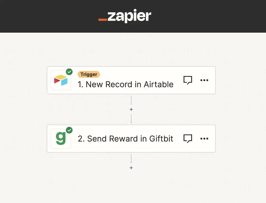 Screenshot of Giftbit and Airtable zap in setup in Zapier