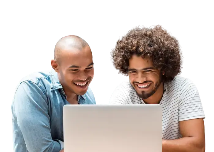 two happy men using a laptop.