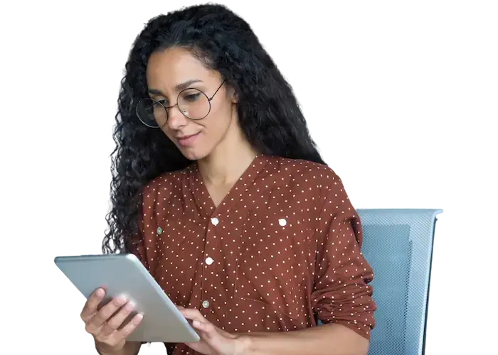 Young employee receiving an employee reward on her tablet.