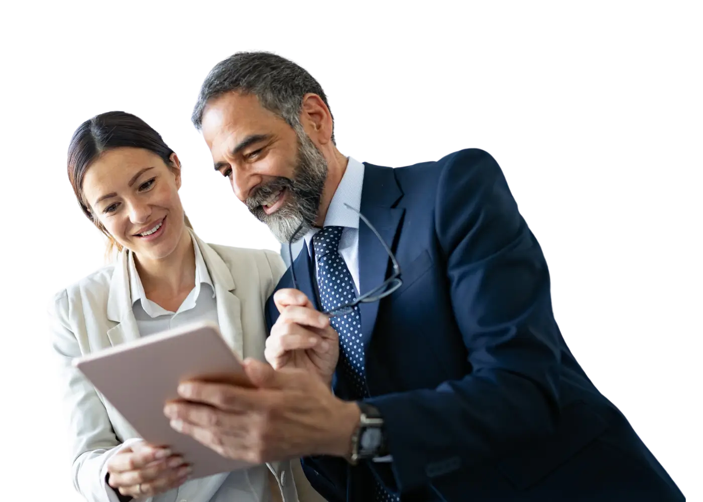 two successfull business leaders looking at a tablet