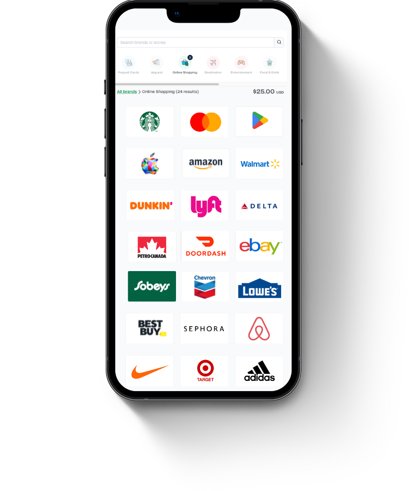 phone screen displaying Giftbit rewards and payout catalog